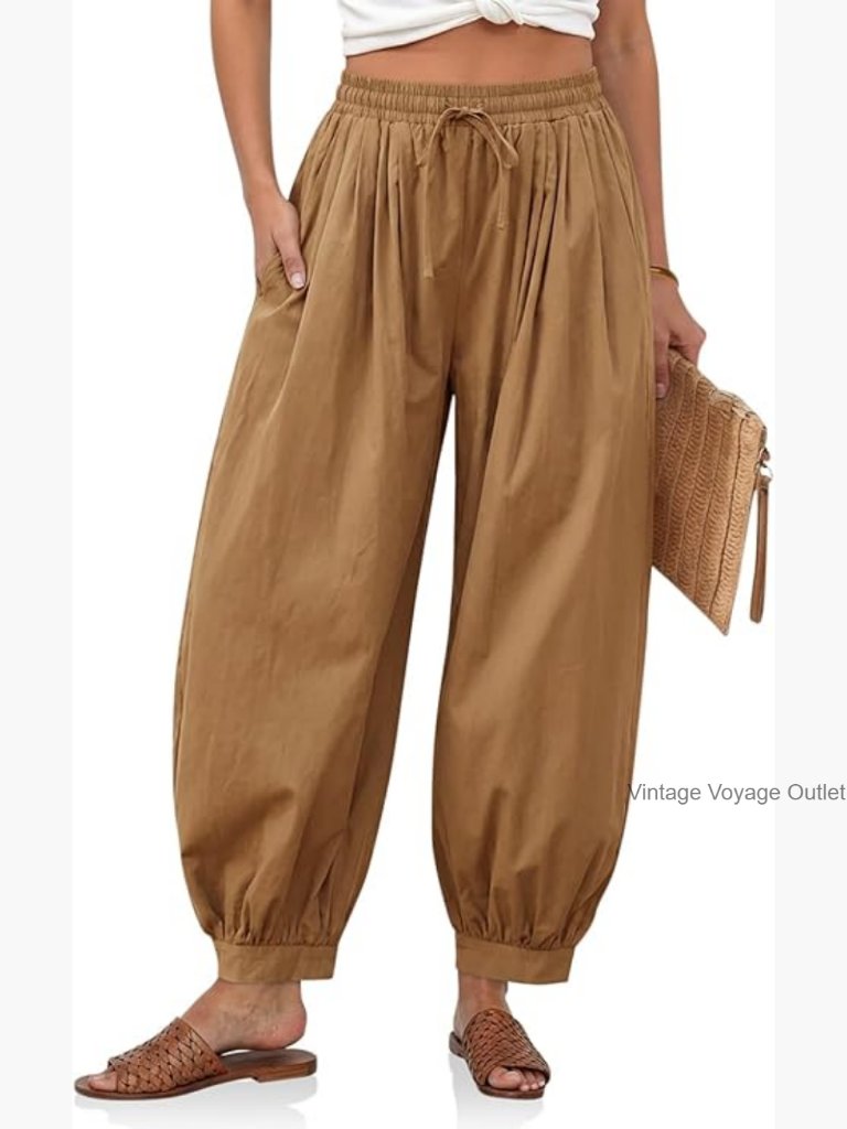 Women's Cotton Harem Pants Elastic Waist Wide Leg Lounge Casual